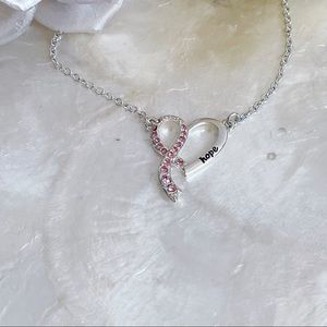Silver Tone Pink Rhinestone Hope Stamped Breast Cancer Awareness Necklace 16”